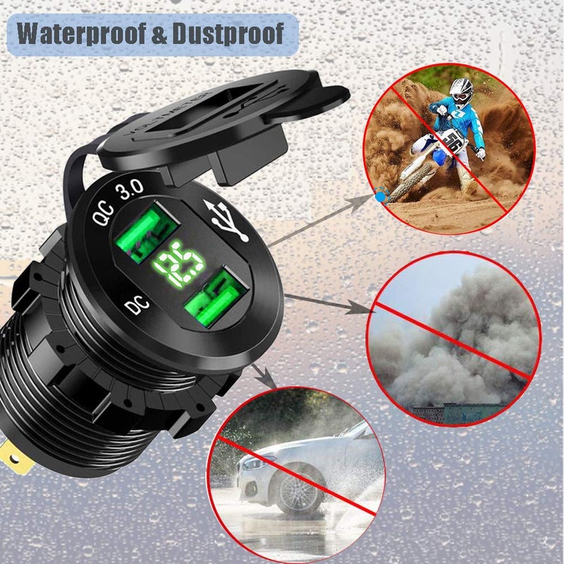 GemCoo Quick Charge 3.0 Dual USB Car Charger Socket 12V/24V 36W QC3.0 Dual USB Fast Charger Aluminum Socket Power Outlet with LED Voltmeter for Marine, Boat, Motorcycle (Green) - Image 3